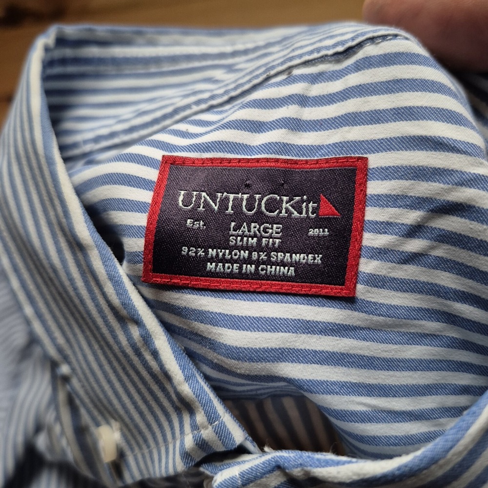 Untuckit Performance Shirt Mens Large Button Up Nylon Blue Stripe Preppy School - Picture 4 of 8